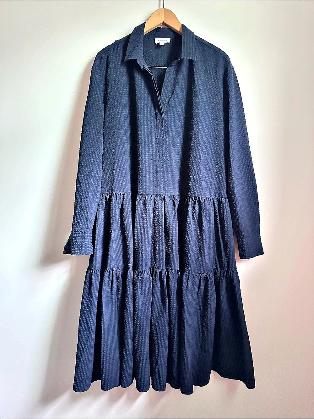 Nordstrom Women’s M Navy Seersucker Tiered  Shirt Dress Long Sleeve Collared - Picture 2 of 9